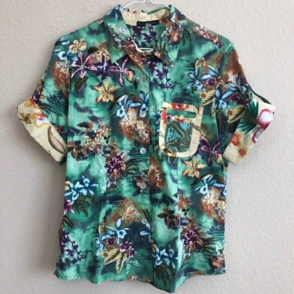 Haven Bleu Shirt Hawaiian Tropical Button Down Top Short Cuff Sleeve Pocket